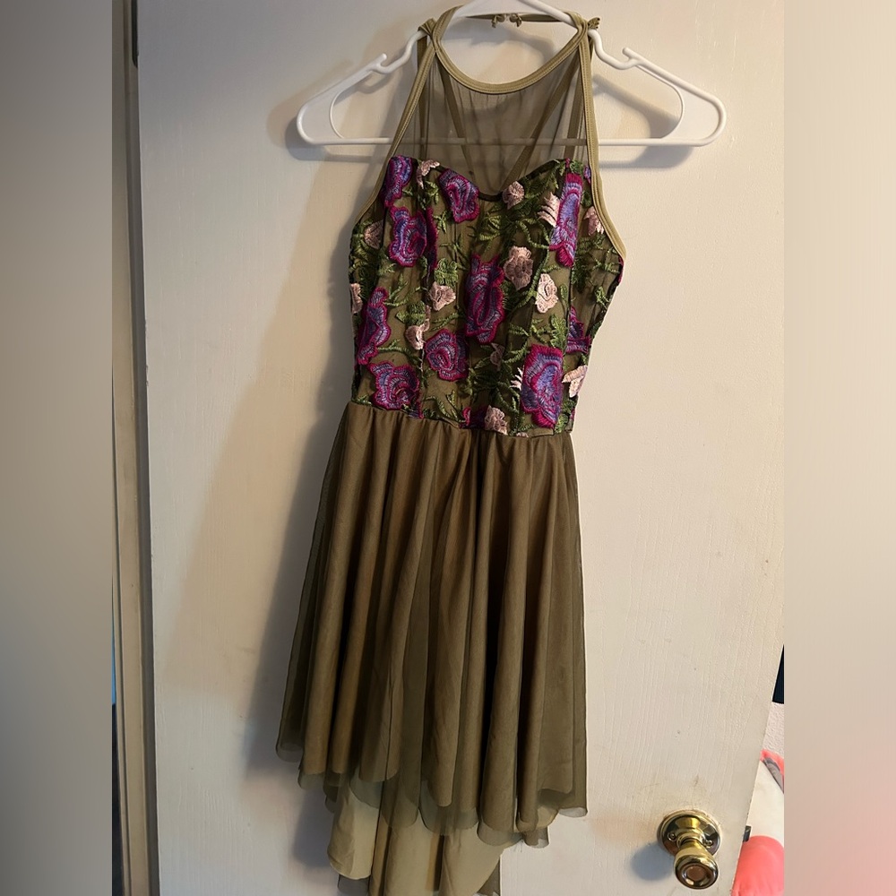 Army green ballet/gymnastics dress with floral details
